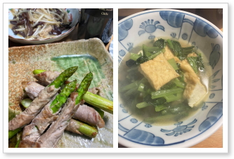 アスパラの豚肉巻き｜もやしと生キクラゲの炒め物｜小松菜と揚げ豆腐の煮浸し｜コーディネートスタジオふろしき